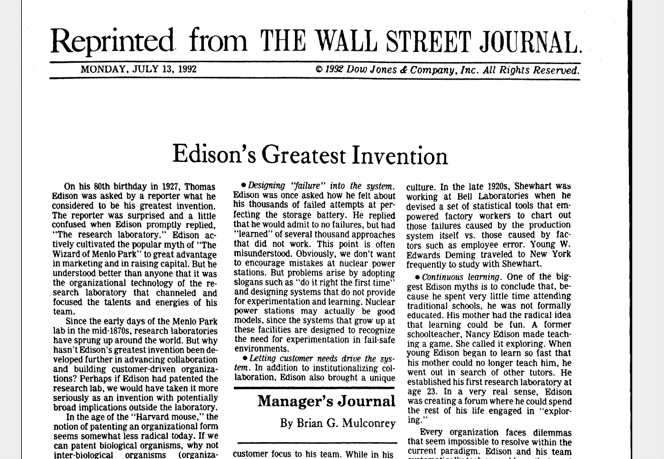 Edison’s Greatest Invention (WSJ Editorial Page)