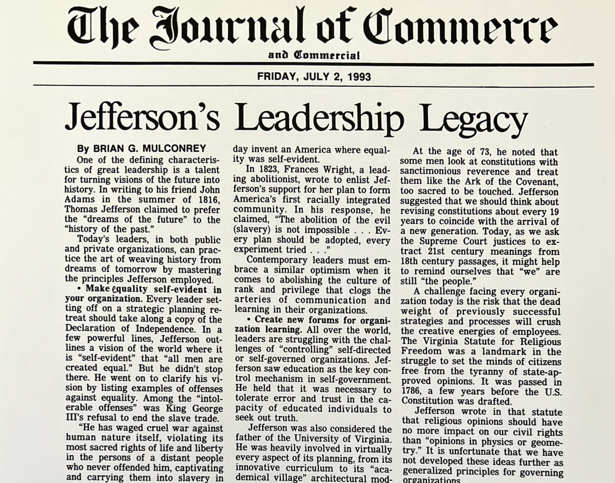 Jefferson’s Leadership Legacy (Journal of Commerce)